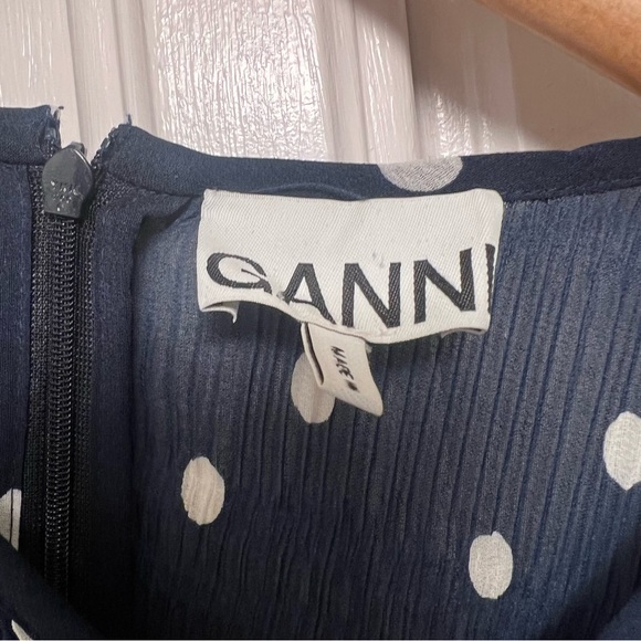 GANNI Lowell Ruffled Polka Dot Dress Navy Blue Midi Size 38 6 US Tiered Evening - Picture 5 of 8